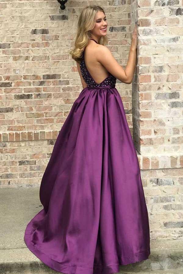 High Neck Purple Long Prom Dresses ...